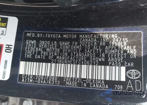 2015 Toyota Corolla L/Le/Le Pls/Prm/S/S Pls из США, поврежденный, VIN 2T1BURHE5FC406212